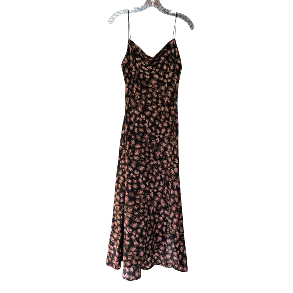 Mahina Animal Print Cowl Neck Maxi Slip Dress Brown Pink Size M Y2K Hawaiian